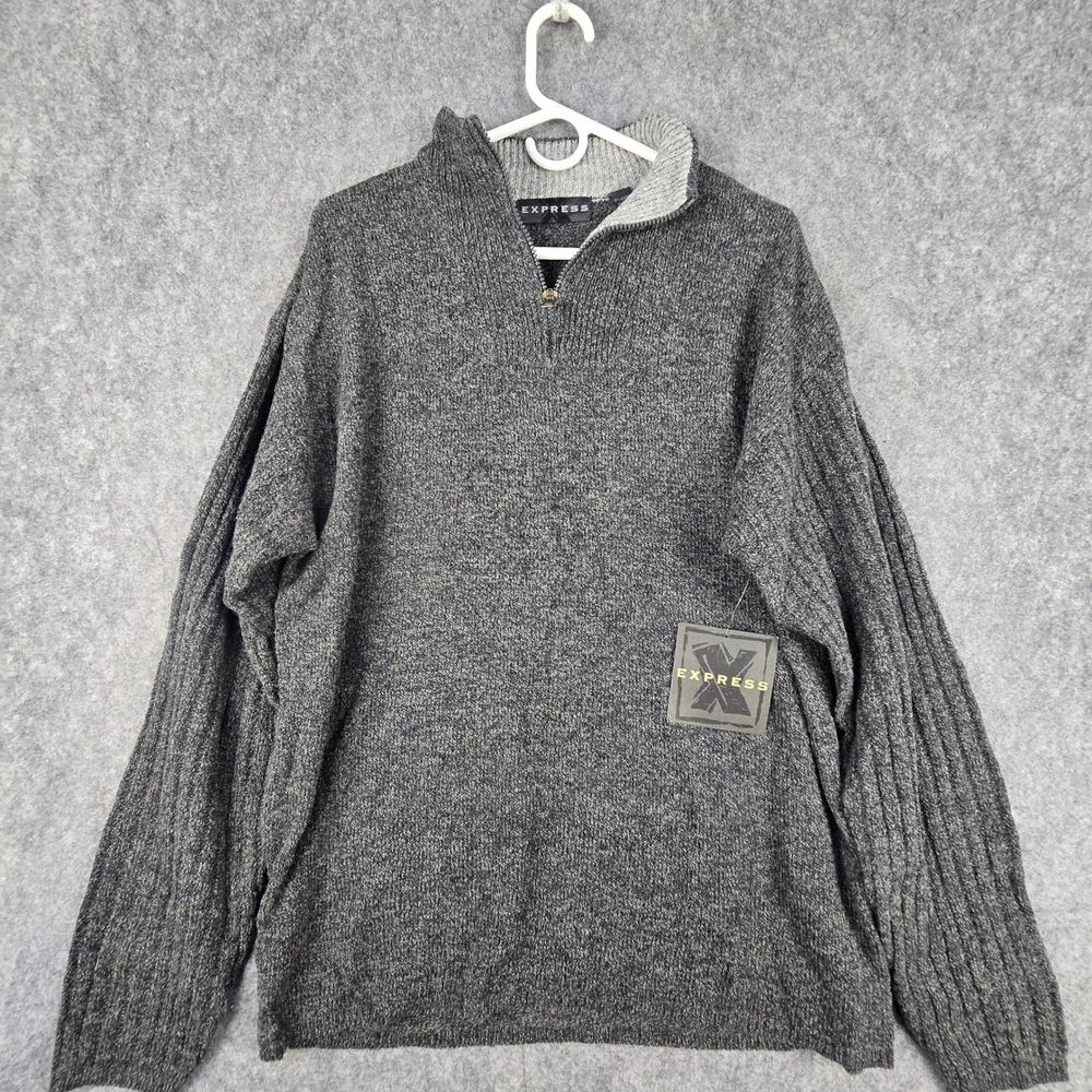 NWT Vtg Y2K Express Quarter Zip Sweater Mens L Gray Wool Blend Knit Ribbed